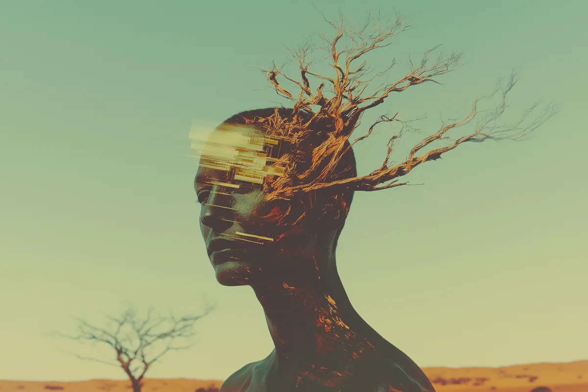 A figure whose head branches out like a dry tree